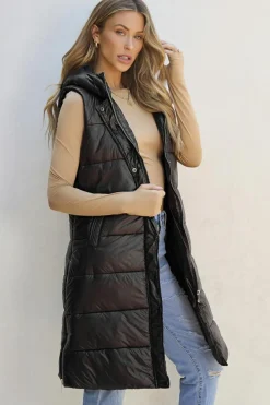 Clearance Dear-Lover Hooded Long Quilted Vest Coat Black
