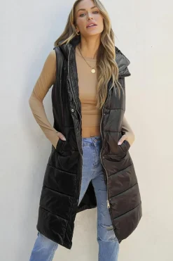 Clearance Dear-Lover Hooded Long Quilted Vest Coat Black