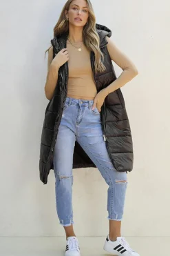 Clearance Dear-Lover Hooded Long Quilted Vest Coat Black