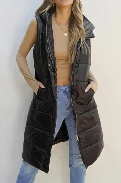 Clearance Dear-Lover Hooded Long Quilted Vest Coat Black