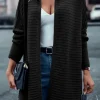 Best Dear-Lover Horizontal Rib Knitted Open Front Hooded Cardigan Black