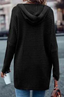 Best Dear-Lover Horizontal Rib Knitted Open Front Hooded Cardigan Black
