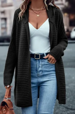 Best Dear-Lover Horizontal Rib Knitted Open Front Hooded Cardigan Black