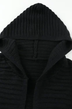 Best Dear-Lover Horizontal Rib Knitted Open Front Hooded Cardigan Black