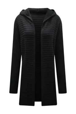 Best Dear-Lover Horizontal Rib Knitted Open Front Hooded Cardigan Black