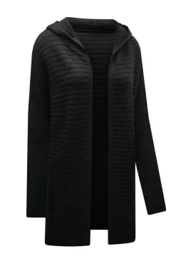 Best Dear-Lover Horizontal Rib Knitted Open Front Hooded Cardigan Black