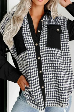 Online Dear-Lover Houndstooth Corduroy Patchwork Flap Pocket Shacket Black