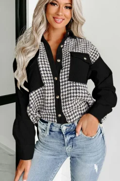 Online Dear-Lover Houndstooth Corduroy Patchwork Flap Pocket Shacket Black