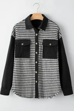 Online Dear-Lover Houndstooth Corduroy Patchwork Flap Pocket Shacket Black