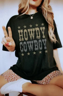 Hot Dear-Lover HOWDY COWBOY Star Print Crew Neck Loose T Shirt Black