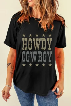 Hot Dear-Lover HOWDY COWBOY Star Print Crew Neck Loose T Shirt Black