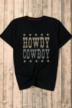 Hot Dear-Lover HOWDY COWBOY Star Print Crew Neck Loose T Shirt Black