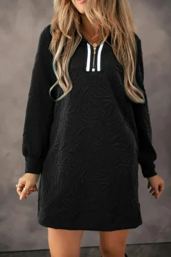 Outlet Dear-Lover Jacquard Textured Quarter Zipper Shift Mini Dress Black