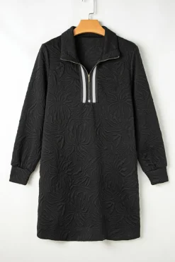Outlet Dear-Lover Jacquard Textured Quarter Zipper Shift Mini Dress Black
