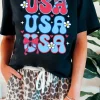 Online Dear-Lover July 4th Cute Flower Bow USA Letter Graphic Tee Black