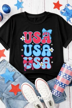 Online Dear-Lover July 4th Cute Flower Bow USA Letter Graphic Tee Black