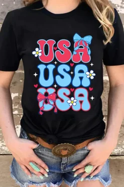 Online Dear-Lover July 4th Cute Flower Bow USA Letter Graphic Tee Black