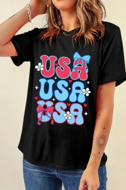 Online Dear-Lover July 4th Cute Flower Bow USA Letter Graphic Tee Black