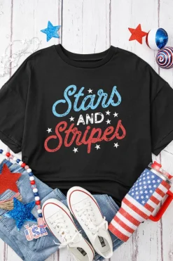 Sale Dear-Lover July 4th Stars AND Stripes Vintage Letter Graphic Tee Black
