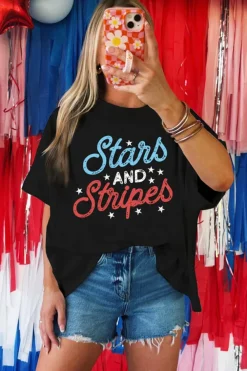 Sale Dear-Lover July 4th Stars AND Stripes Vintage Letter Graphic Tee Black