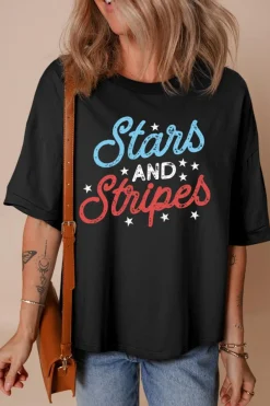 Sale Dear-Lover July 4th Stars AND Stripes Vintage Letter Graphic Tee Black