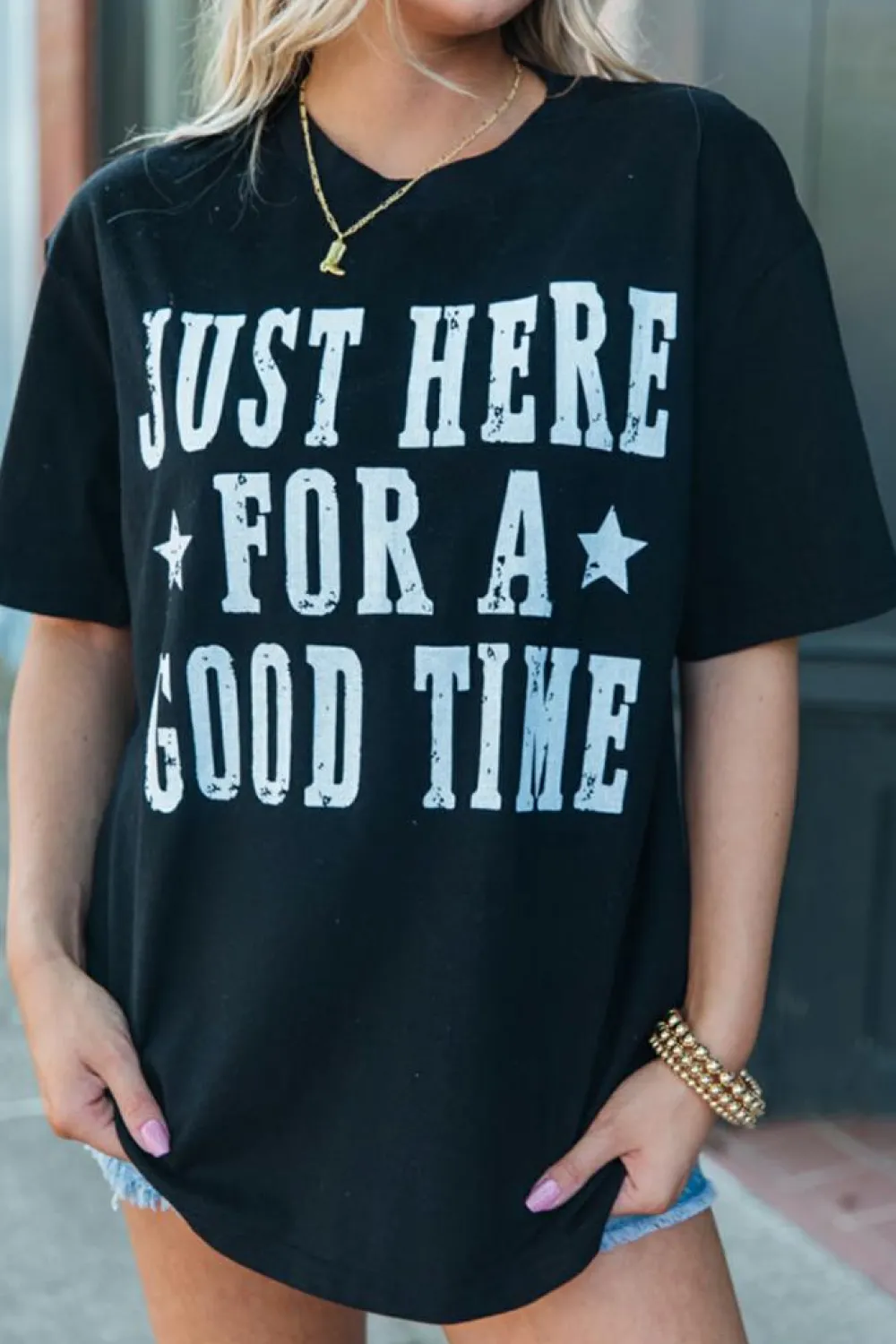 Best Dear-Lover Just Here For A Good Time Graphic Round Neck T Shirt Black