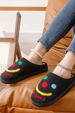 Online Dear-Lover Keep Smile Printed Sherpa Home Slippers Black