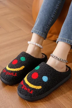 Online Dear-Lover Keep Smile Printed Sherpa Home Slippers Black