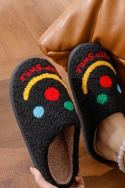 Online Dear-Lover Keep Smile Printed Sherpa Home Slippers Black