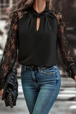 Discount Dear-Lover Keyhole Neckline Floral Lace Raglan Sleeve Blouse Black
