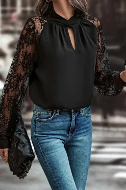Discount Dear-Lover Keyhole Neckline Floral Lace Raglan Sleeve Blouse Black