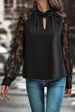 Discount Dear-Lover Keyhole Neckline Floral Lace Raglan Sleeve Blouse Black