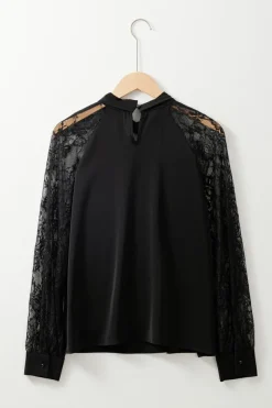 Discount Dear-Lover Keyhole Neckline Floral Lace Raglan Sleeve Blouse Black