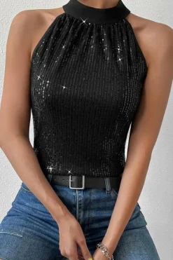 Discount Dear-Lover Keyhole Tie Back Sequined Tank Top Black