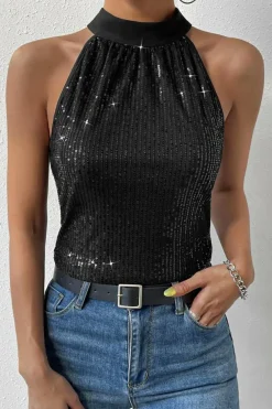 Discount Dear-Lover Keyhole Tie Back Sequined Tank Top Black