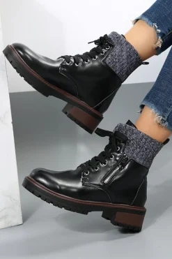 Discount Dear-Lover Knitted Patched Lace-up Heeled Ankle Boots Black