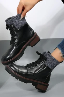 Discount Dear-Lover Knitted Patched Lace-up Heeled Ankle Boots Black