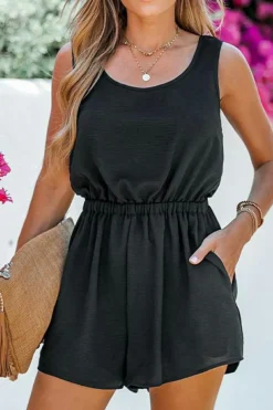 New Dear-Lover Knotted Backless Elastic Waist Sleeveless Romper Black