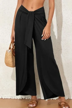 Fashion Dear-Lover Knotted Drop Waist Split Leg Relaxed Pants Black
