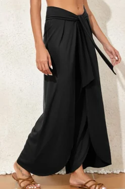 Fashion Dear-Lover Knotted Drop Waist Split Leg Relaxed Pants Black
