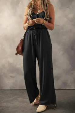 New Dear-Lover Knotted Straps Button Textured Drawstring Jumpsuit Black