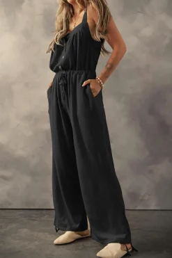 New Dear-Lover Knotted Straps Button Textured Drawstring Jumpsuit Black