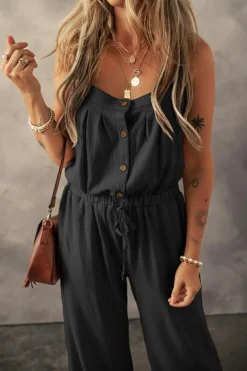 New Dear-Lover Knotted Straps Button Textured Drawstring Jumpsuit Black