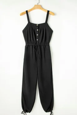 New Dear-Lover Knotted Straps Button Textured Drawstring Jumpsuit Black