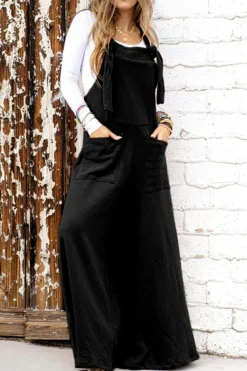 Discount Dear-Lover Knotted Straps Patch Pocket Wide Leg Jumpsuit Black