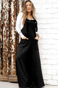 Discount Dear-Lover Knotted Straps Patch Pocket Wide Leg Jumpsuit Black