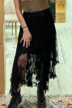 Online Dear-Lover Lace Cascading Tiered High Waist Maxi Skirt Black