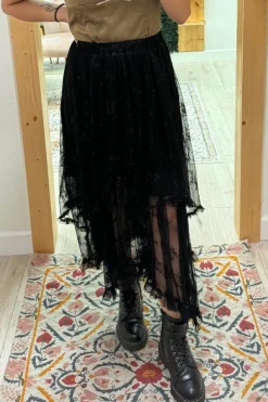 Online Dear-Lover Lace Cascading Tiered High Waist Maxi Skirt Black