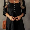 Clearance Dear-Lover Lace Crochet Buttoned Square Neck Shift Mini Dress Black