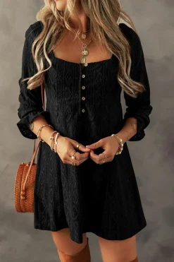 Clearance Dear-Lover Lace Crochet Buttoned Square Neck Shift Mini Dress Black